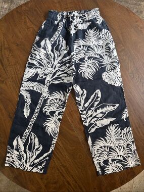 H&M Navy and White 100% Linen Tropical Print Straight-Leg Pants Sz XS